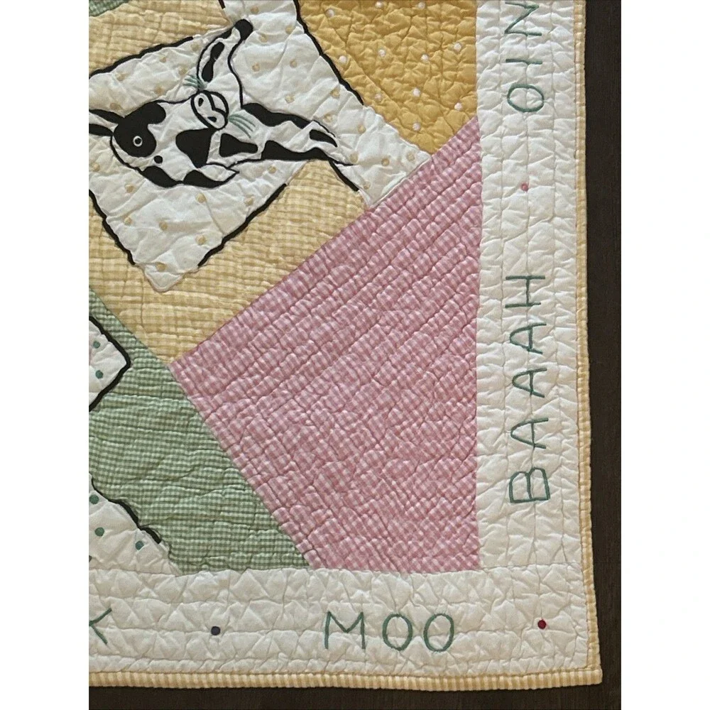 Vtg Barnyard Baby Quilt Crib Size Chickens Duck Cow Gingham And Crib Dust Ruffle
